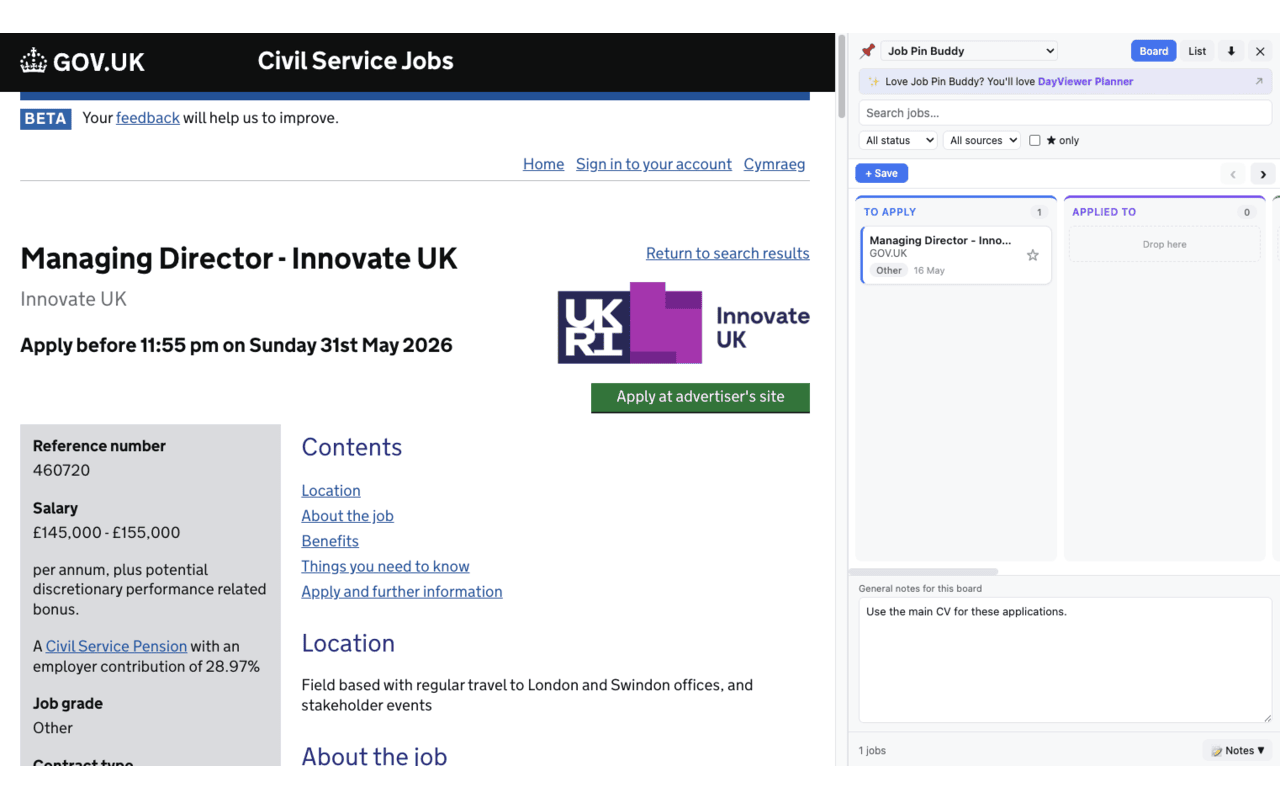 Browse & Pin Buddy side panel pinning a job listing into a board while browsing