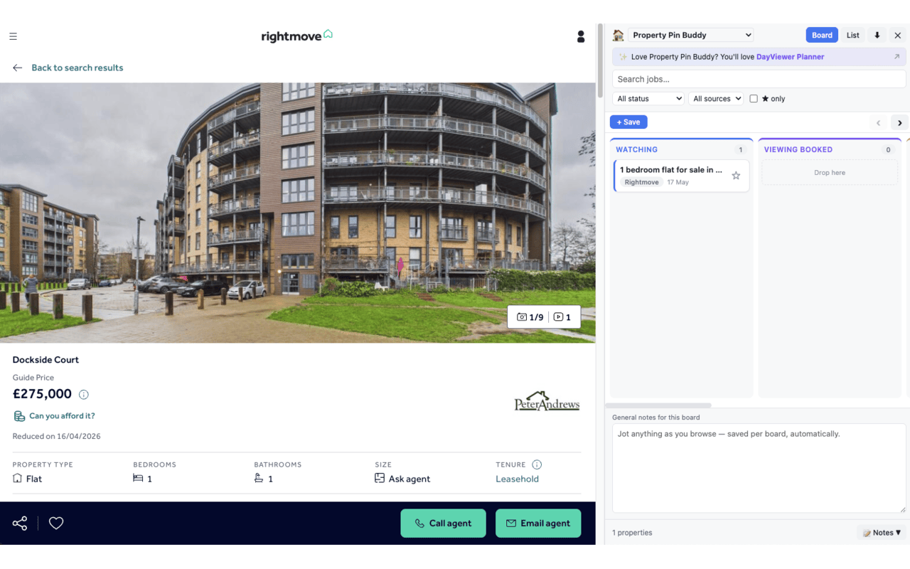 Browse & Pin Buddy side panel pinning a property listing into a board while browsing