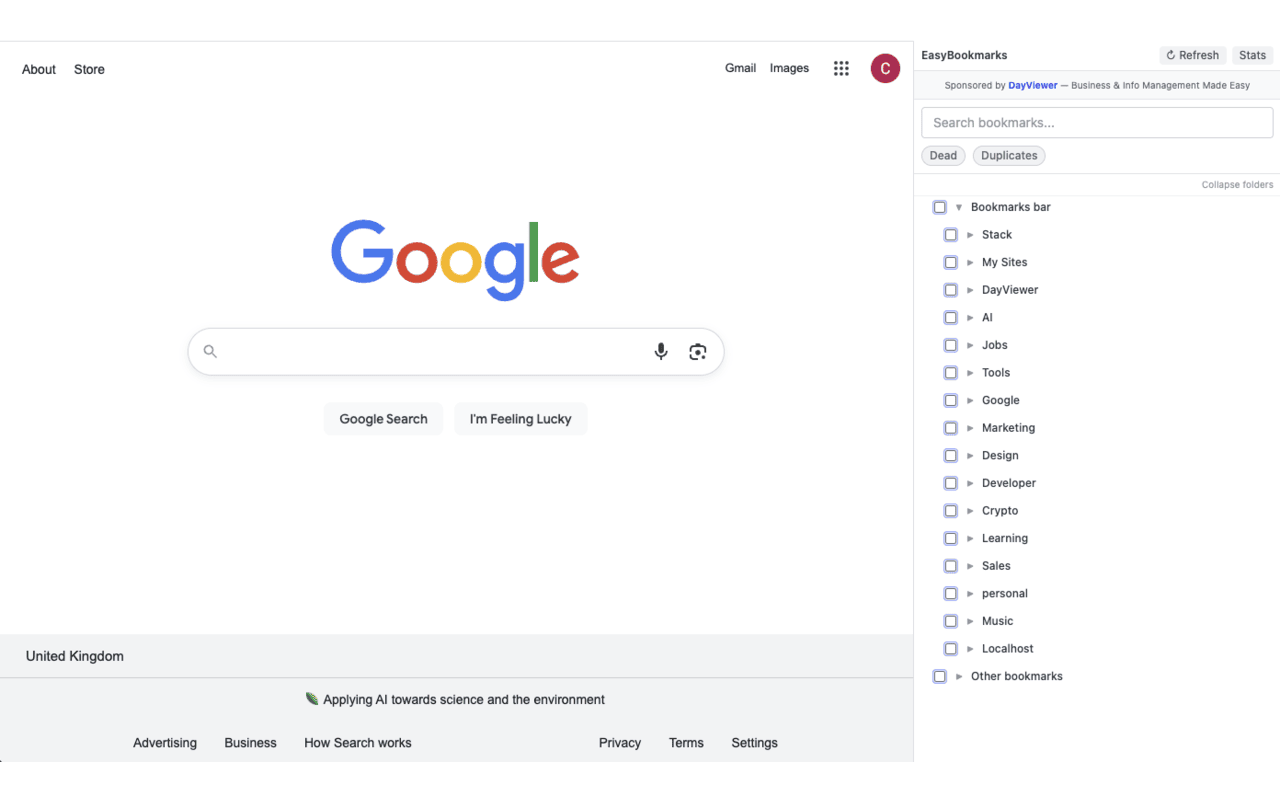 Easy Bookmark Manager side panel showing the full Chrome bookmark folder tree with search