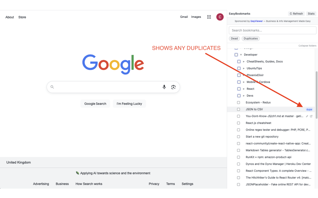 Easy Bookmark Manager flagging a duplicate bookmark with the built-in duplicate finder