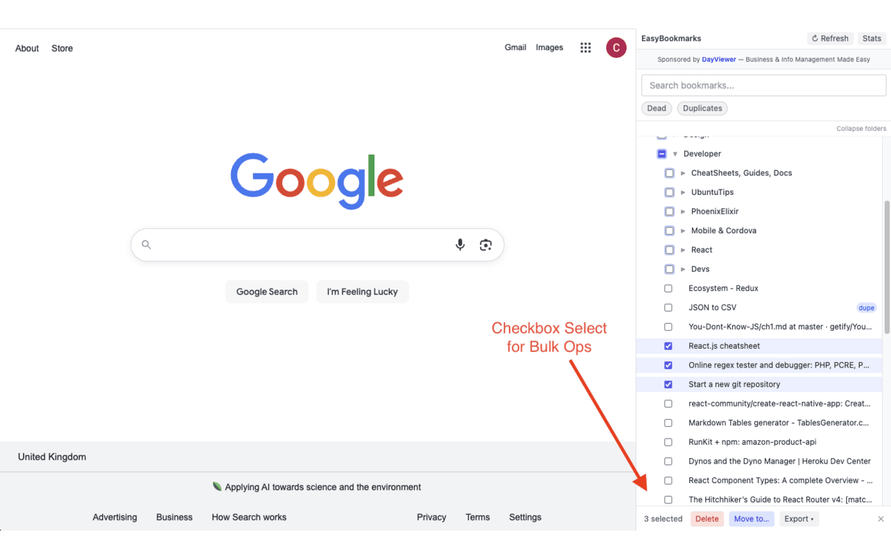 Easy Bookmark Manager with three bookmarks checkbox-selected for bulk delete, move or export