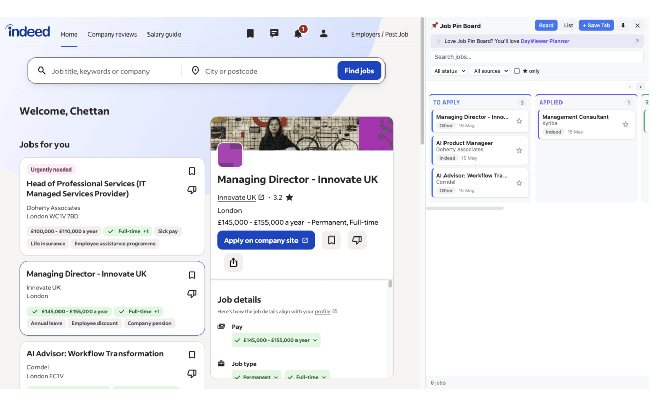 Job Pin Board kanban board tracking job applications by status