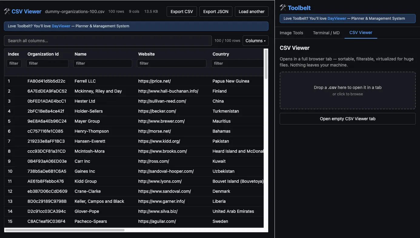 Toolbelt CSV viewer showing a large spreadsheet with sort, filter and search